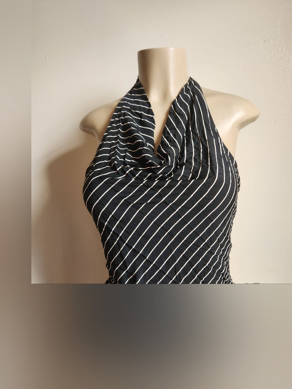 One-Shoulder Black and White Striped Cowl Neck Dress